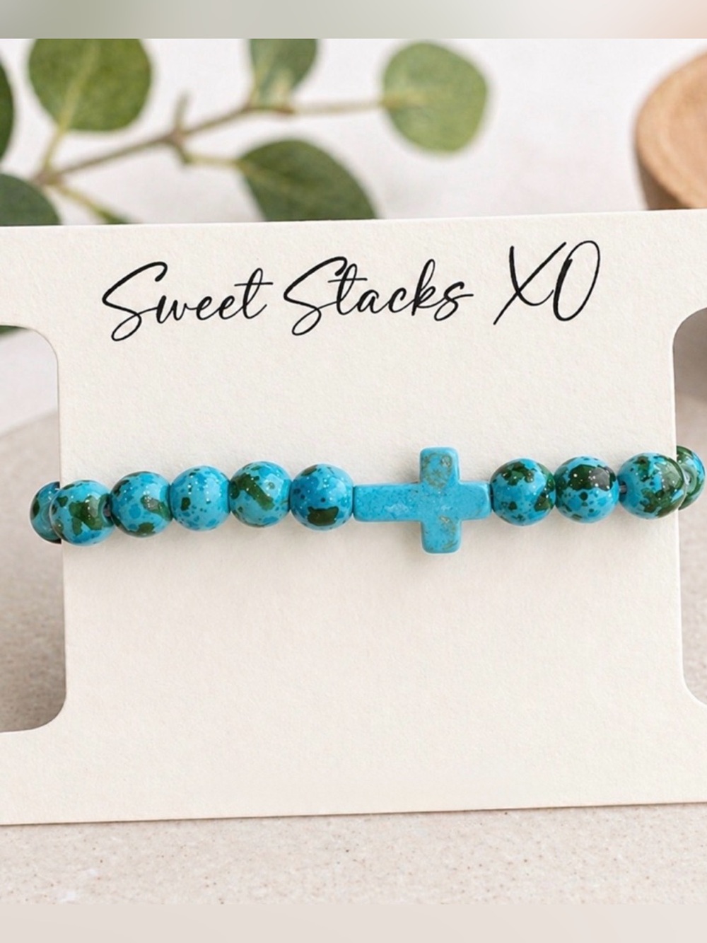 Marbled Turquoise Beaded Cross Bracelet